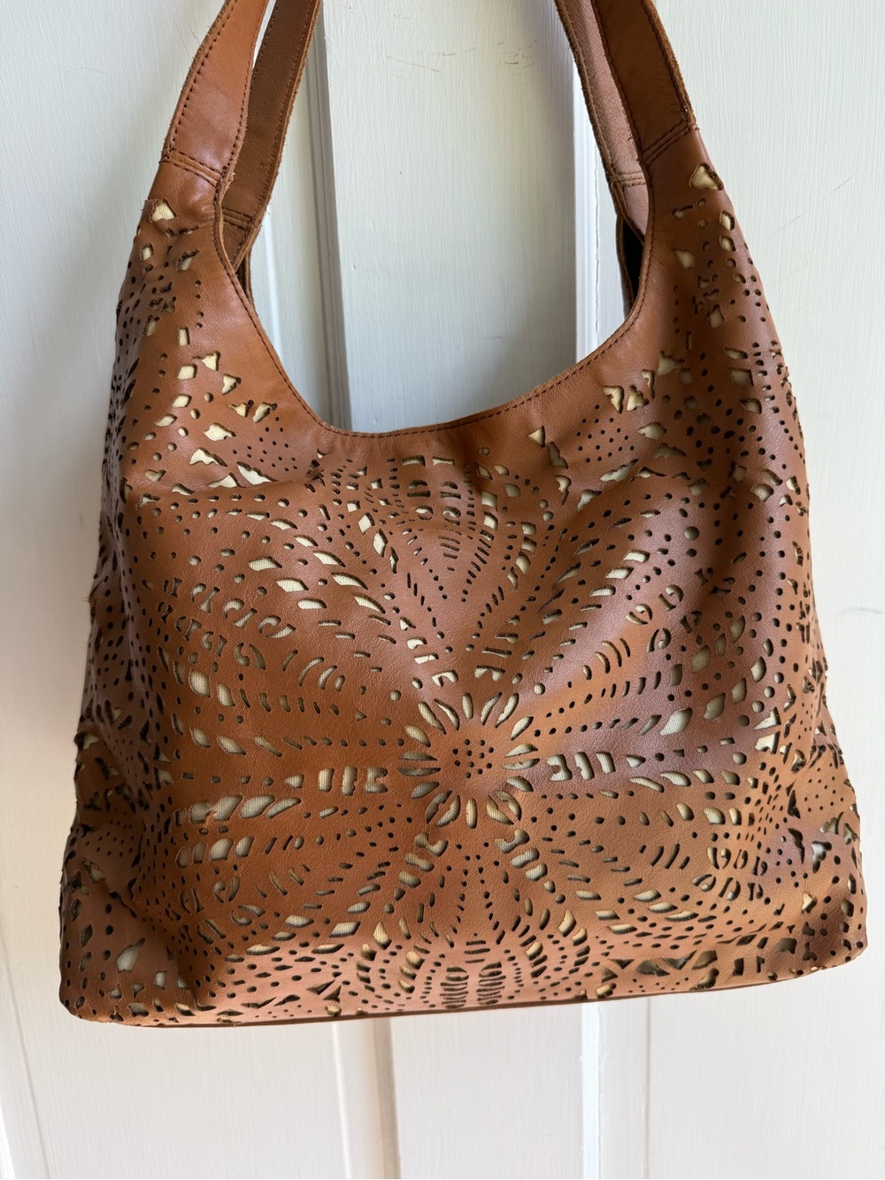 The Sak Laser-Cut Hobo Shoulder Bag - Brown with Cream Lining